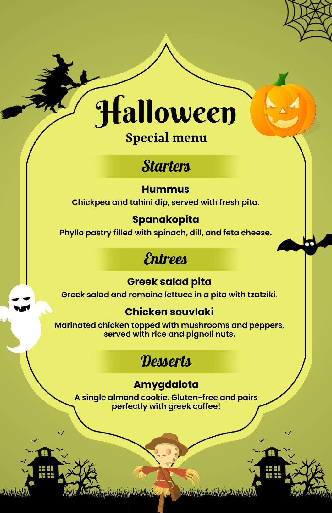 Playful Ghost and Witch Illustration Halloween Menu Template