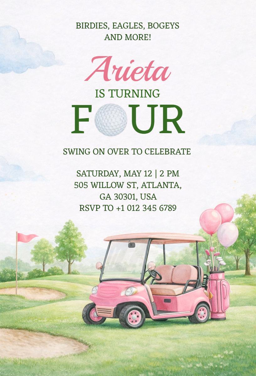 Playful Golf Theme Four-Year-Old Birthday Celebration Invitation Template