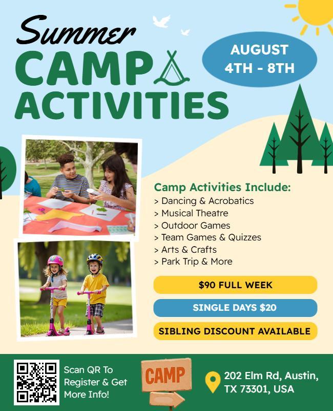 Playful Green and Yellow Summer Camp Activities Flyer Template