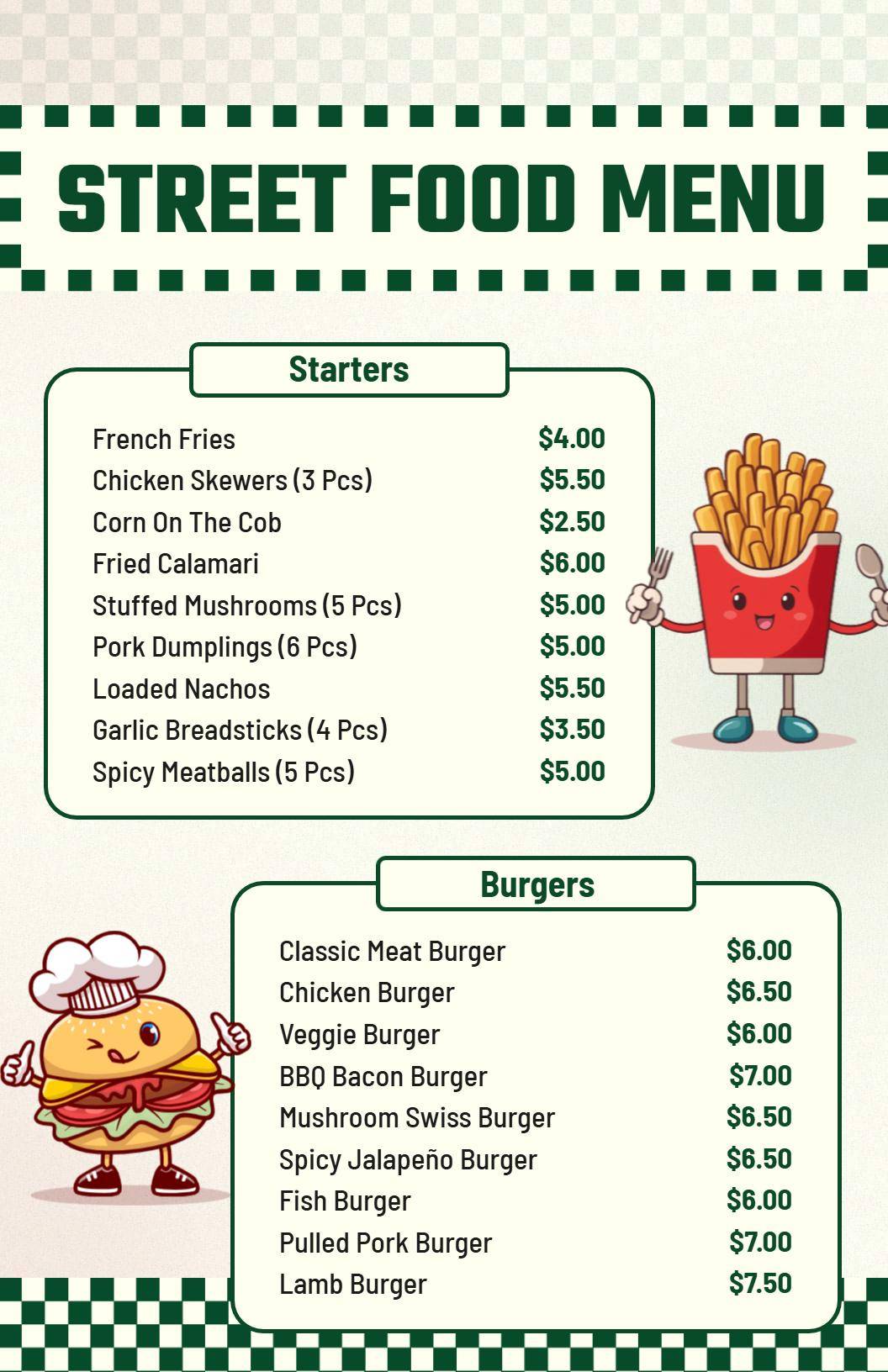 Playful Green Checkered Street Food Menu Template
