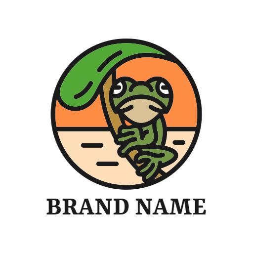 Playful Green Frog Sitting Under Leaf Design Logo Template
