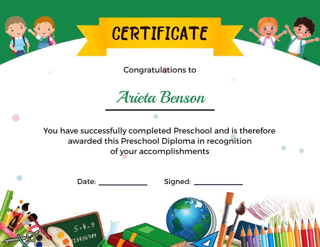 Playful Green Preschool Completion Celebration Certificate Template