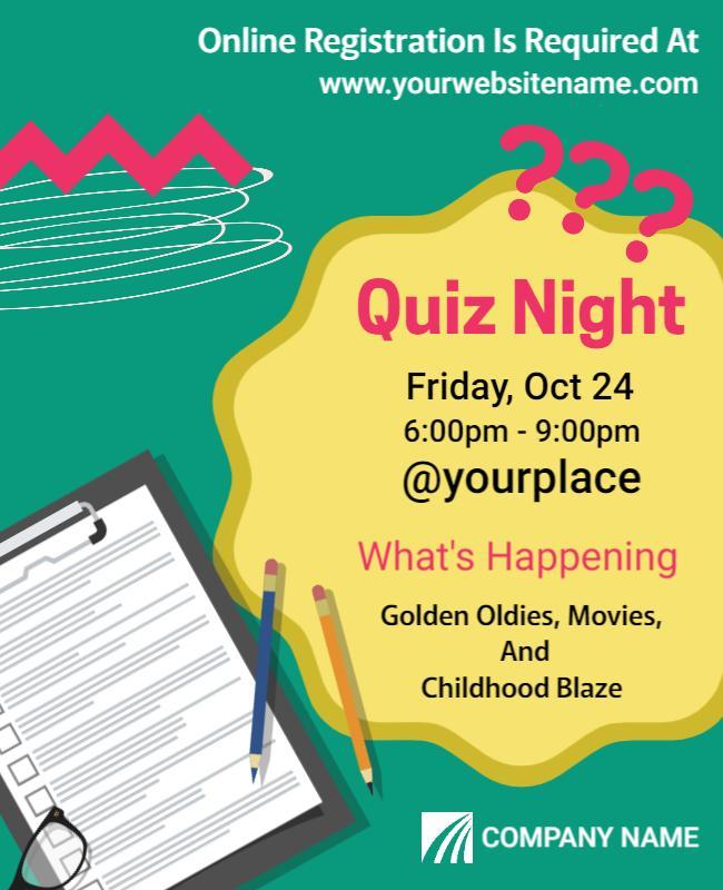 Playful Green Quiz Night with Fun Icons and Details Flyer Template