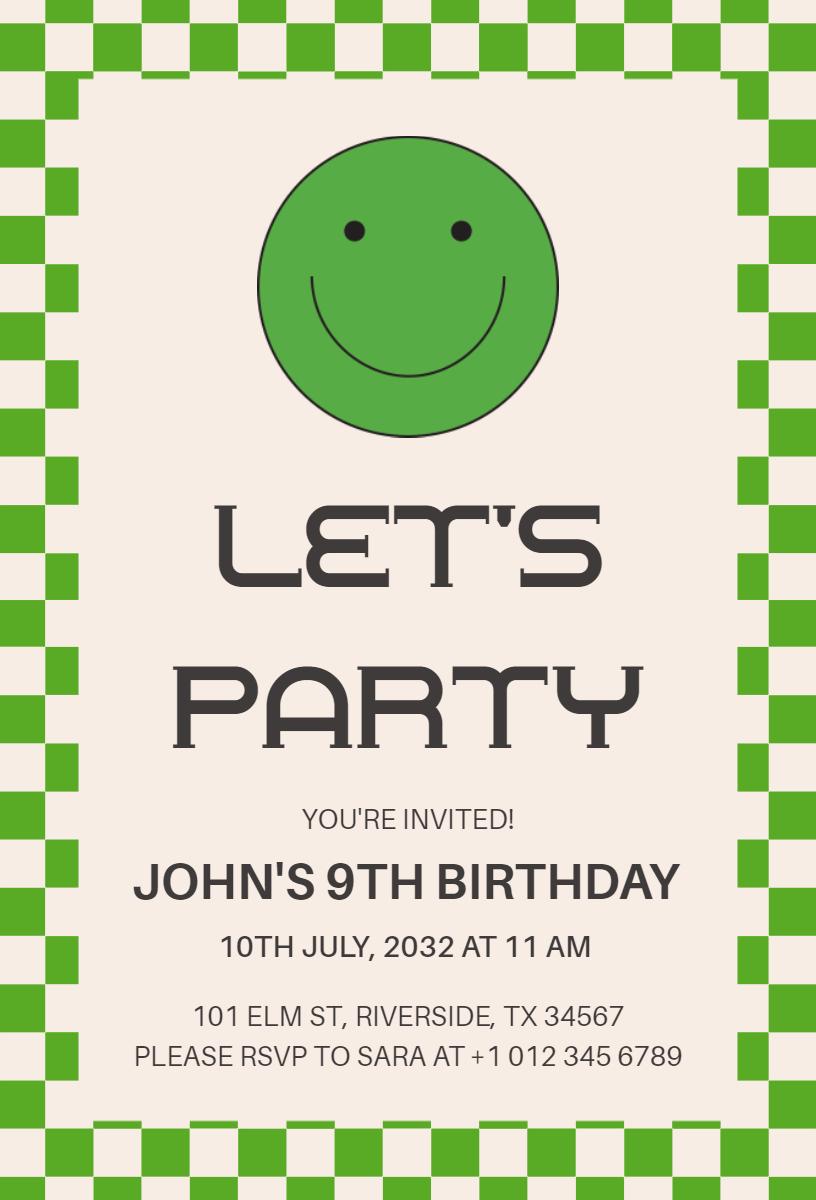 Playful Green Smiley Face 9th Birthday Celebration Invitation Template