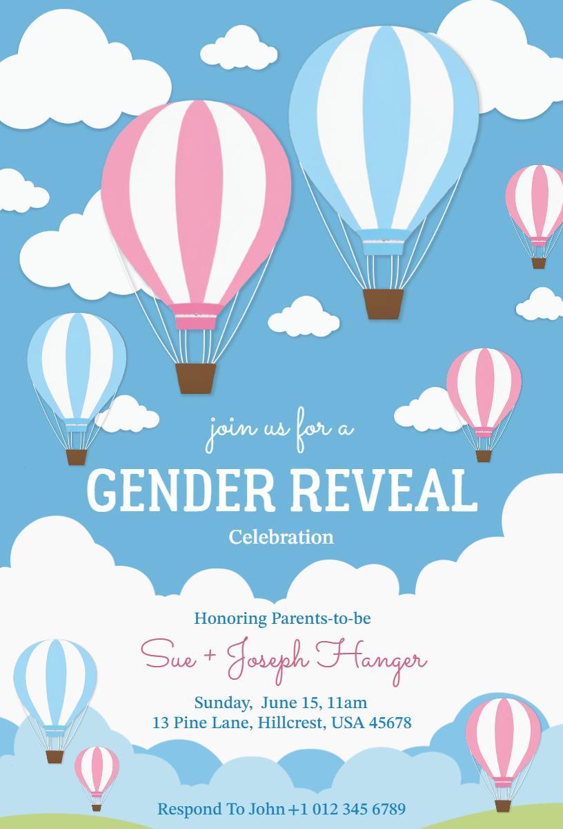 Playful Hot Air Balloon Gender Reveal Celebration Invitation Template