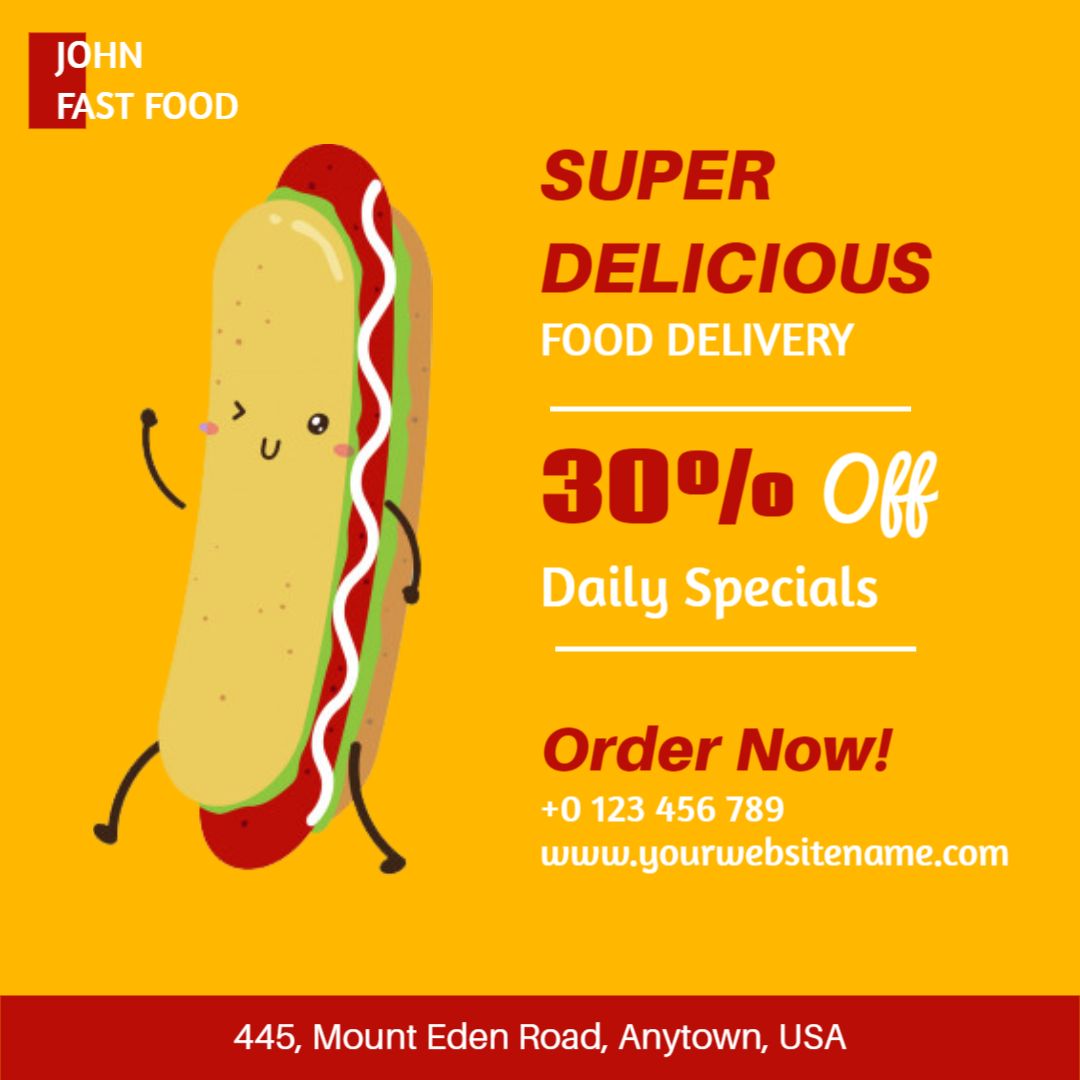 Playful Hot Dog Food Delivery with 30% Off Offer Ad Template