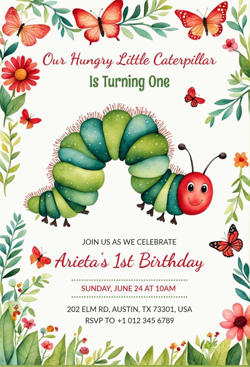 Playful Hungry Caterpillar 1st Birthday Celebration Invitation Template