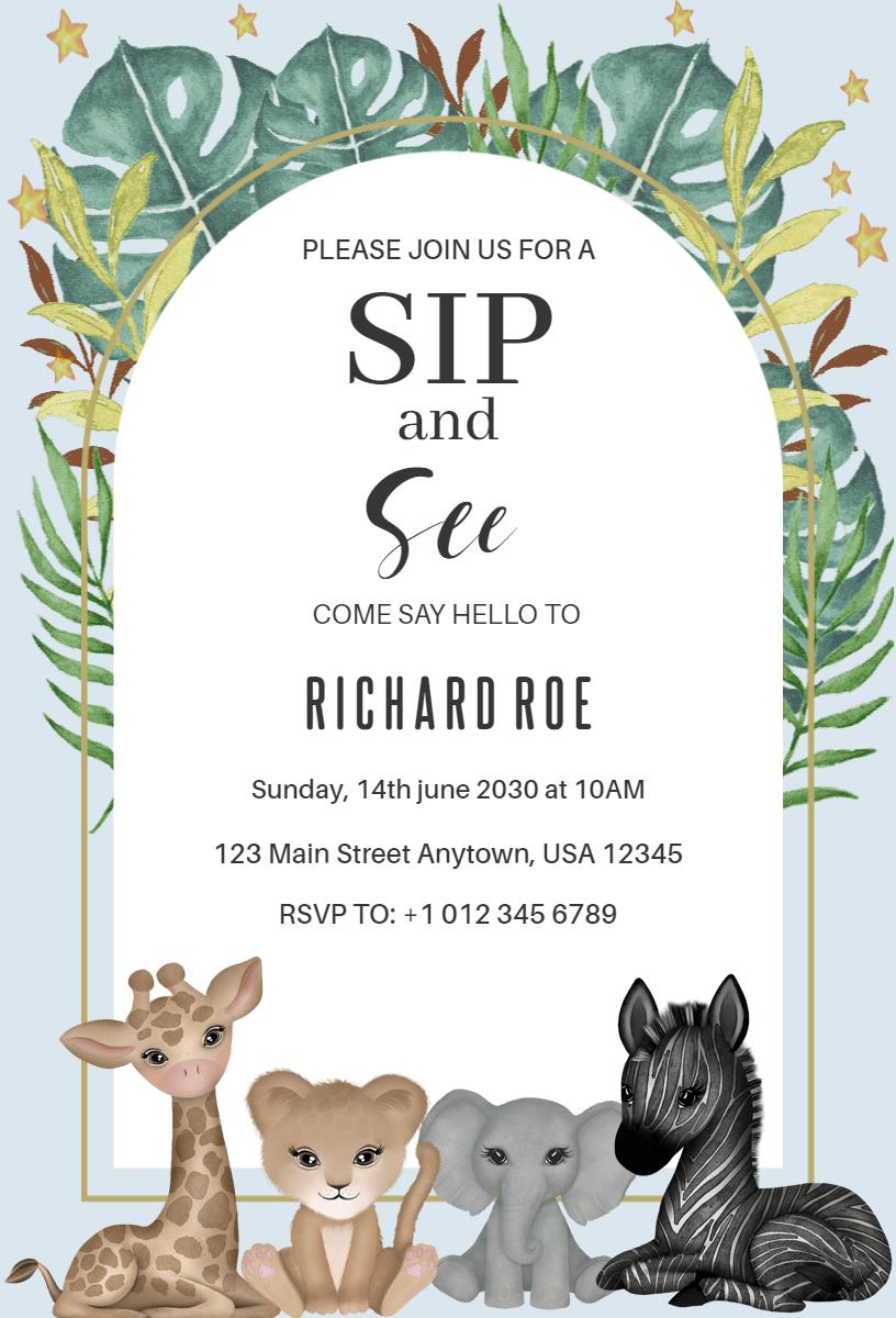 Playful Jungle Animals Sip & See Celebration Invitation Template