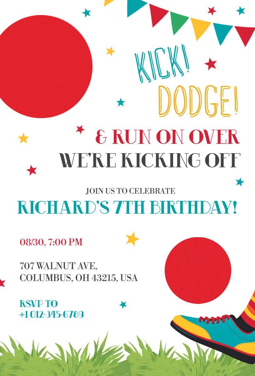 Playful Kick Dodgeball Colorful Birthday Celebration Invitation Template