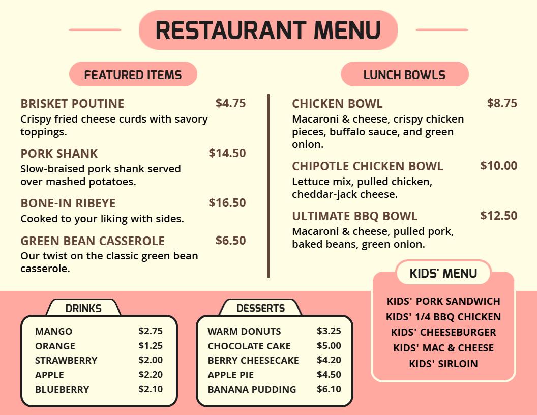 Playful Kids and Classic Drinks Options Restaurant Menu Template