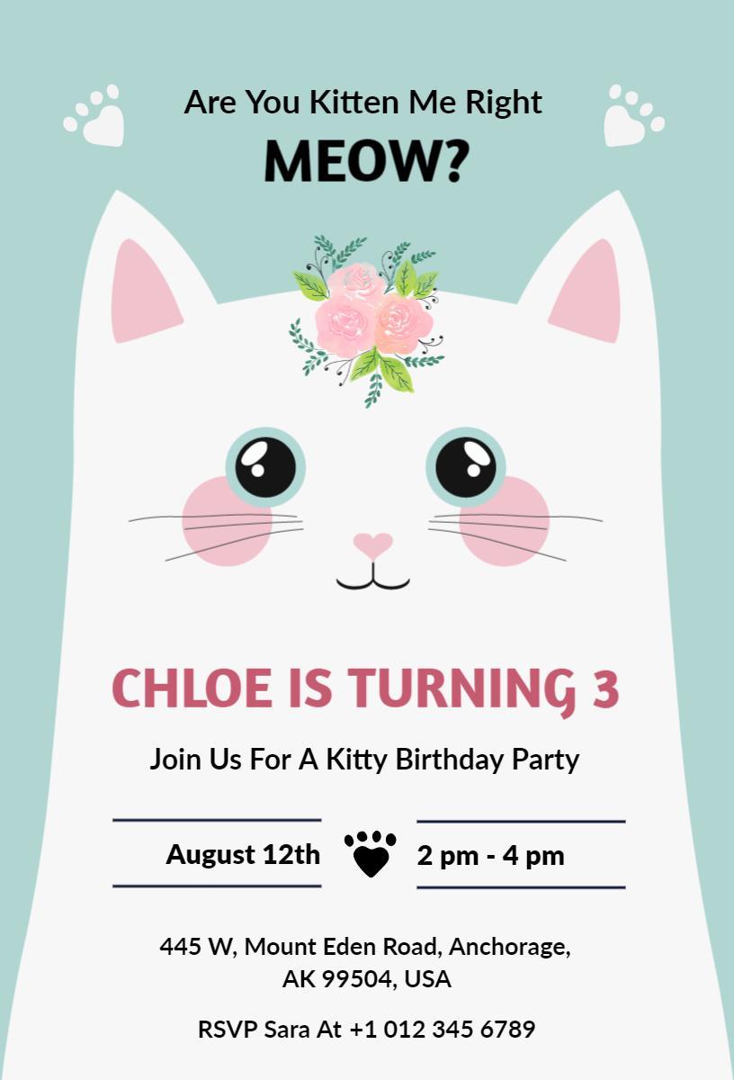 Playful Kitty Floral Cat Birthday Celebration Invitation Template