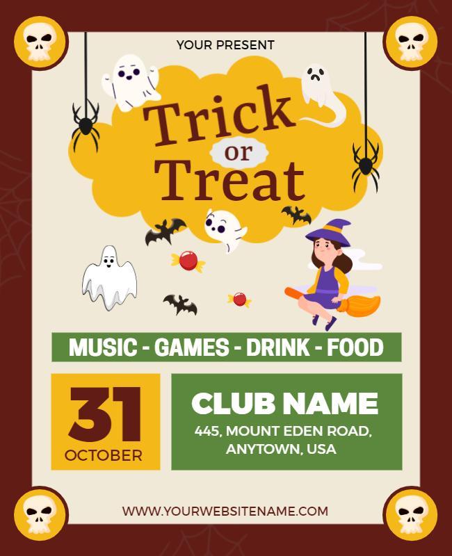Playful Maroon and Gold Trick or Treat Halloween Party Flyer Template