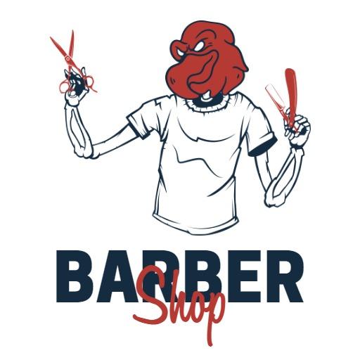 Playful Mascot Barber Holding Scissors and Razors Logo Template