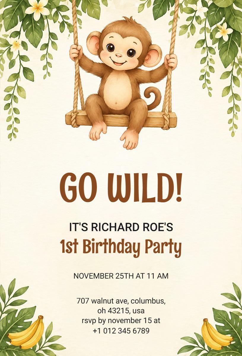 Playful Monkey First Birthday Party Invitation Template
