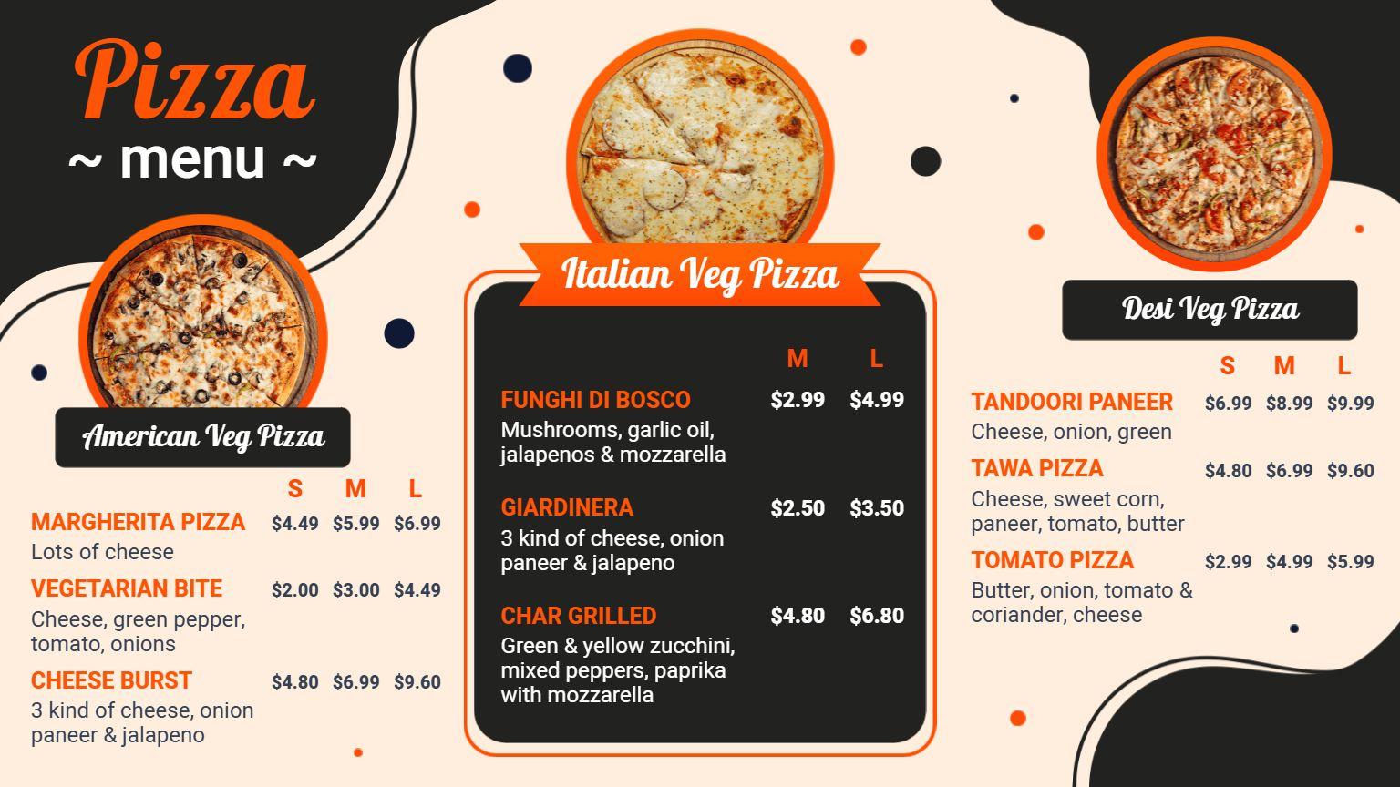 Playful Orange and Black American Veg Pizza Menu Template