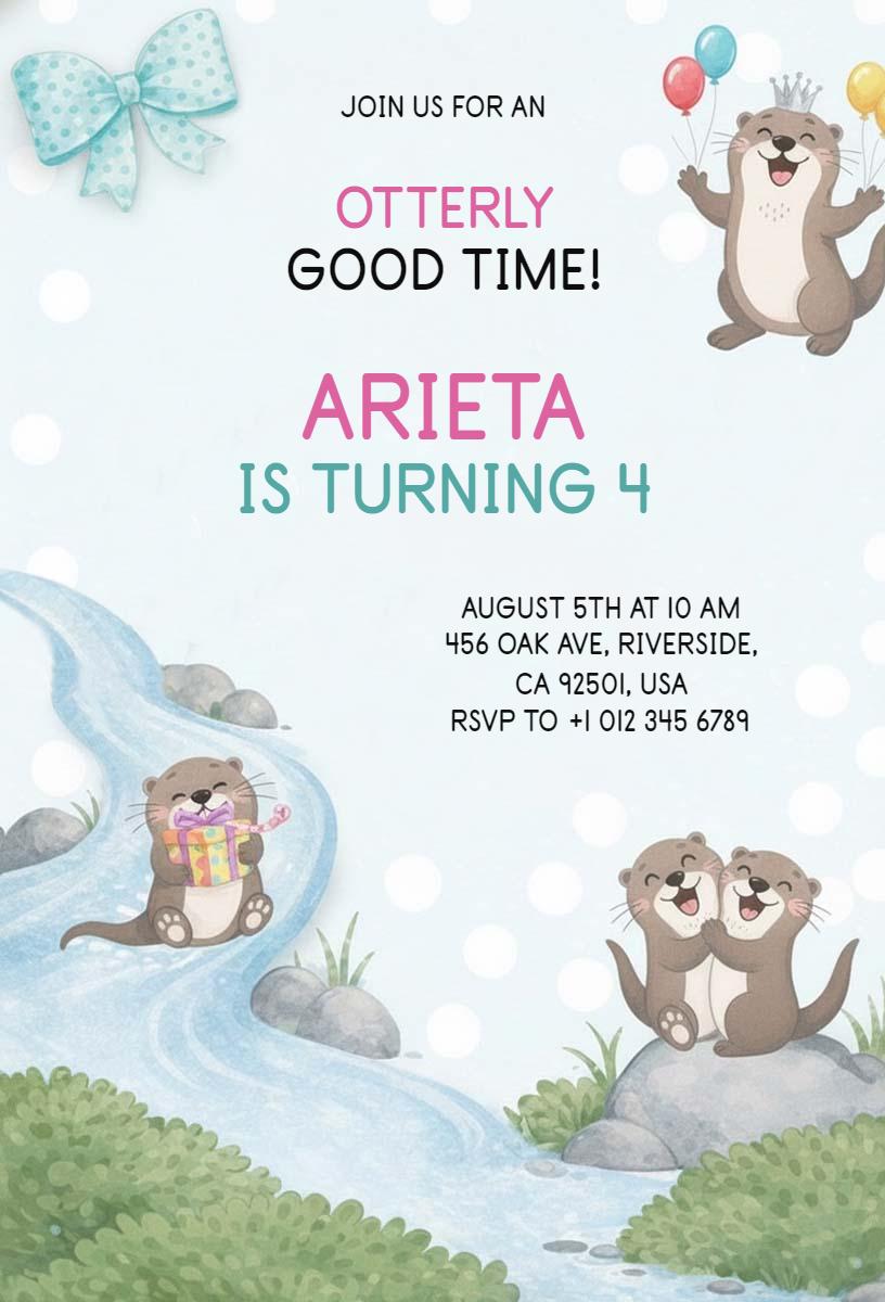 Playful Otter Theme 4th Birthday Celebration Invitation Template