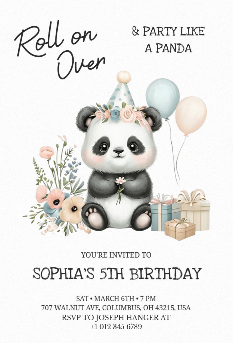 Playful Panda Theme 5th Birthday Celebration Invitation Template