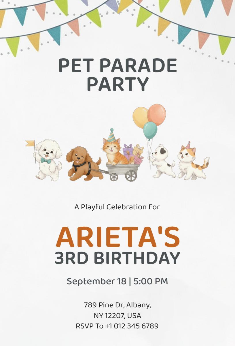 Playful Pet Parade 3rd Birthday Celebration Invitation Template
