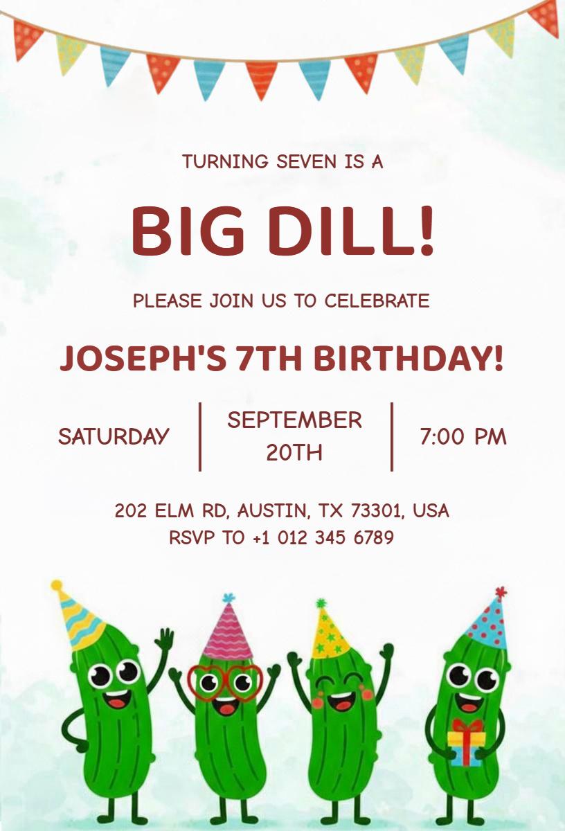 Playful Pickle Theme 7th Birthday Celebration Invitation Template