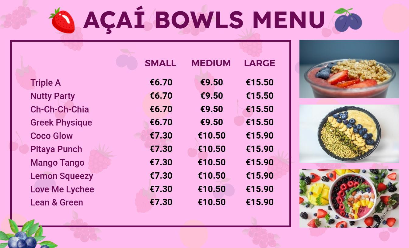 Playful Pink and Berry Açaí Bowl Selection Menu Template