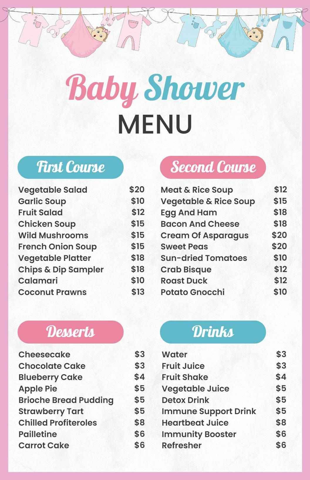 Playful Pink and Blue Baby Shower Event Menu Template