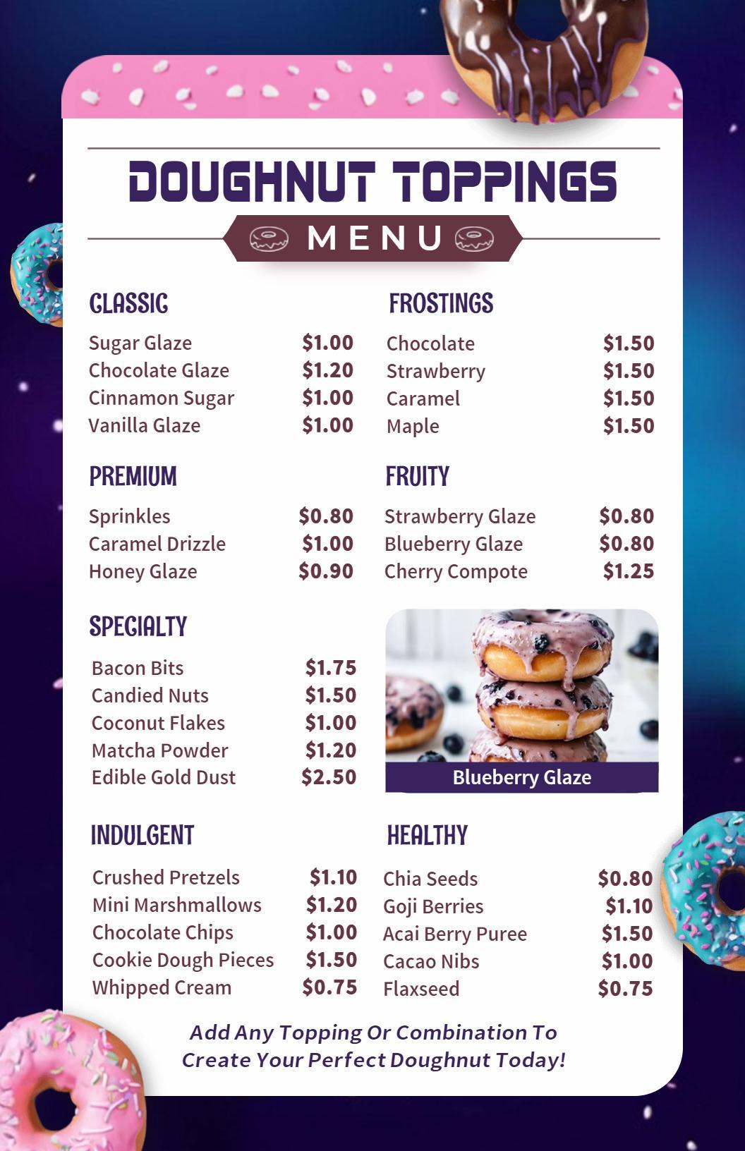 Playful Pink and Blue Doughnut Toppings Menu Template