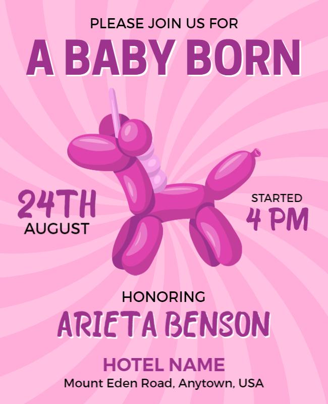 Playful Pink Balloon Unicorn Baby Shower Celebration Poster Template