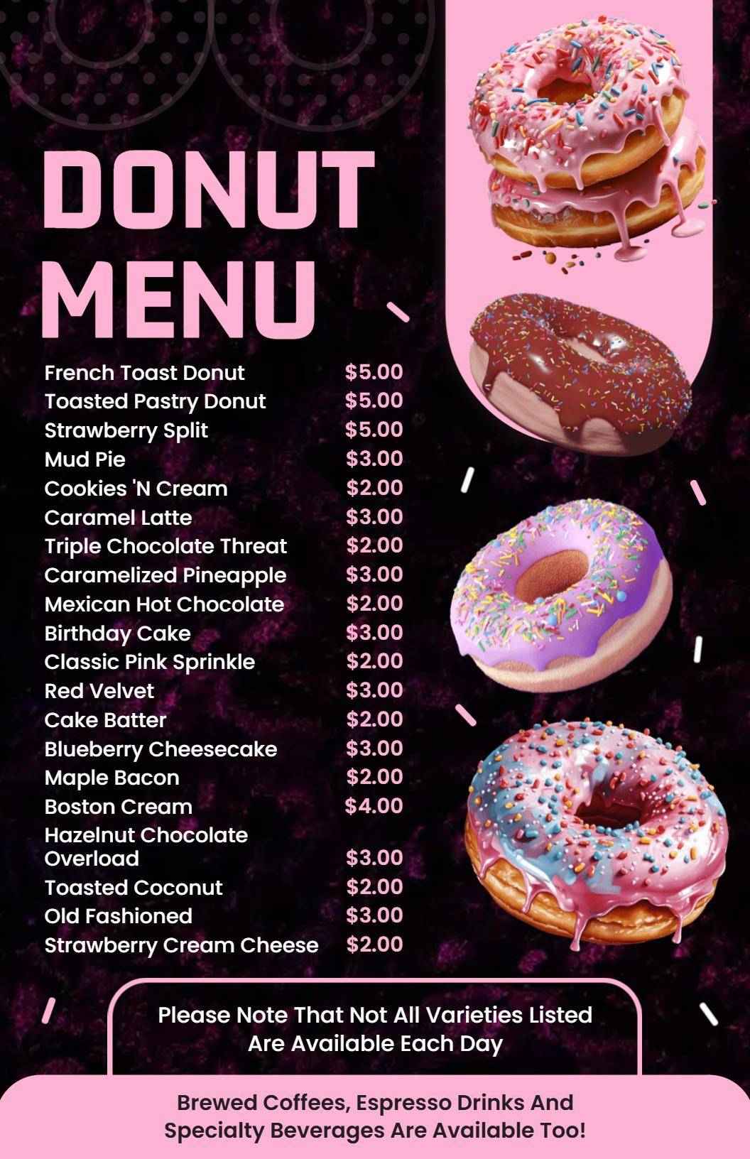 Playful Pink & Black Sprinkle Donut Menu Template