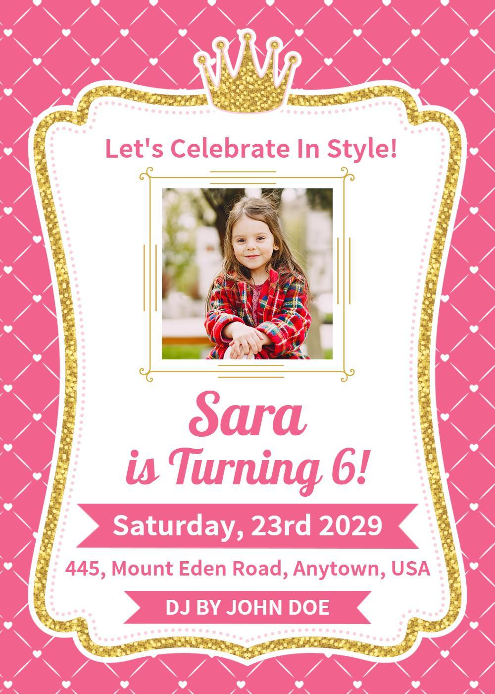 Playful Pink Crown Photo Birthday Celebration Invitation Template