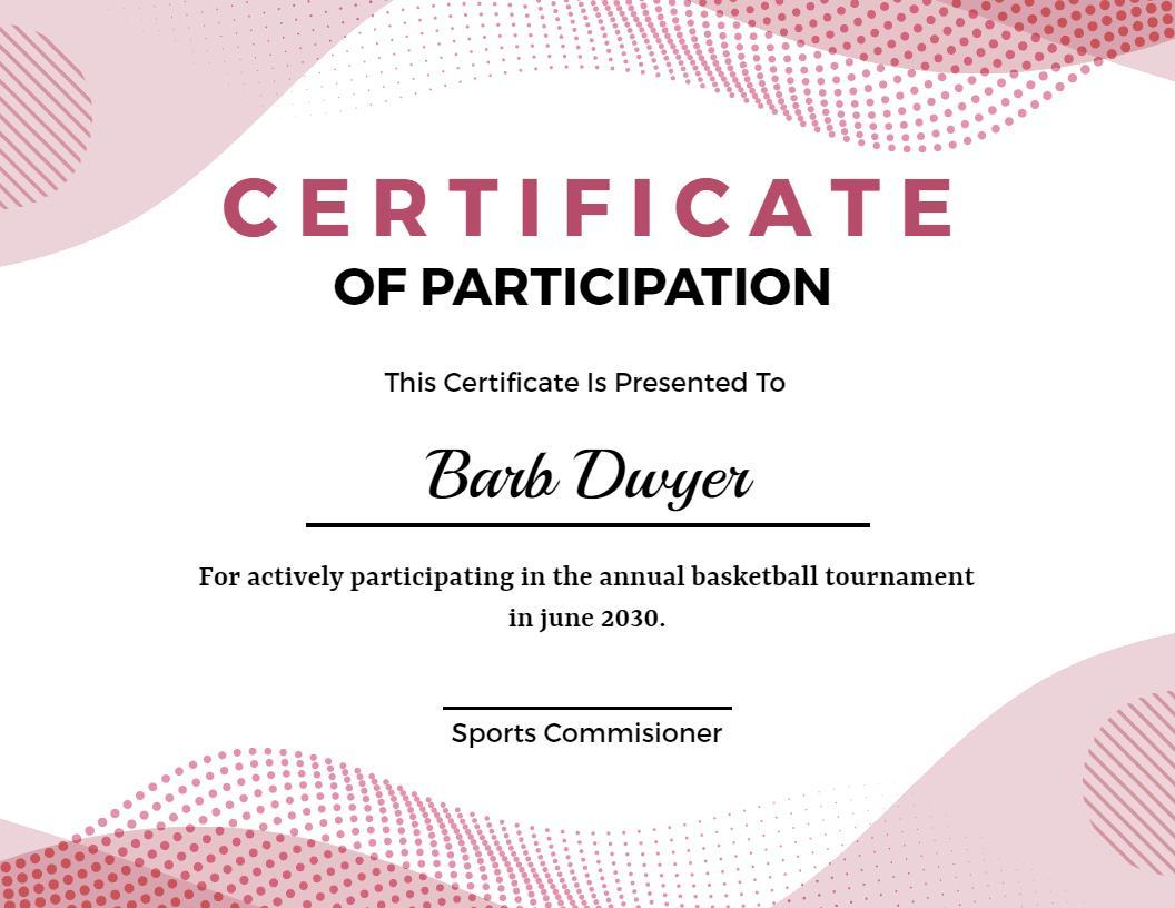 Playful Pink Dot Pattern Basketball Participation Certificate Template