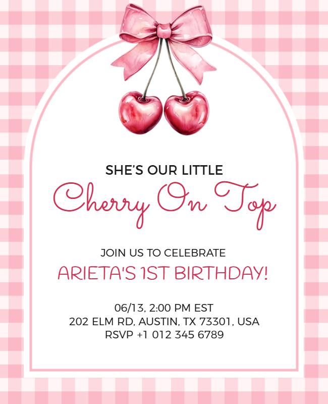 Playful Pink Gingham Cherry-Themed Birthday Celebration Poster Template