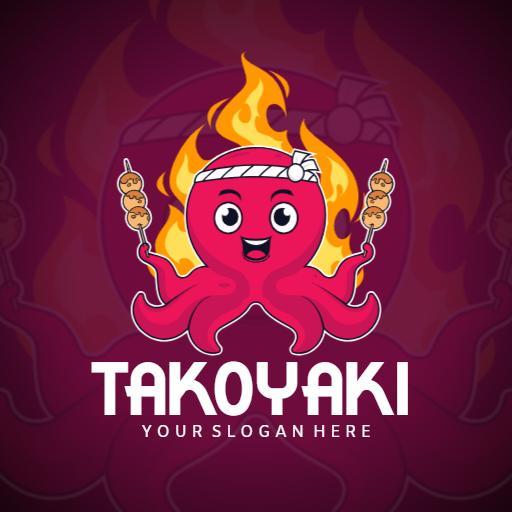 Playful Pink Octopus with Flames Representing Takoyaki Logo Template