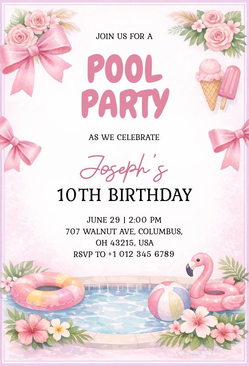 Playful Pink Pool Party Celebration for Birthday Invitation Template
