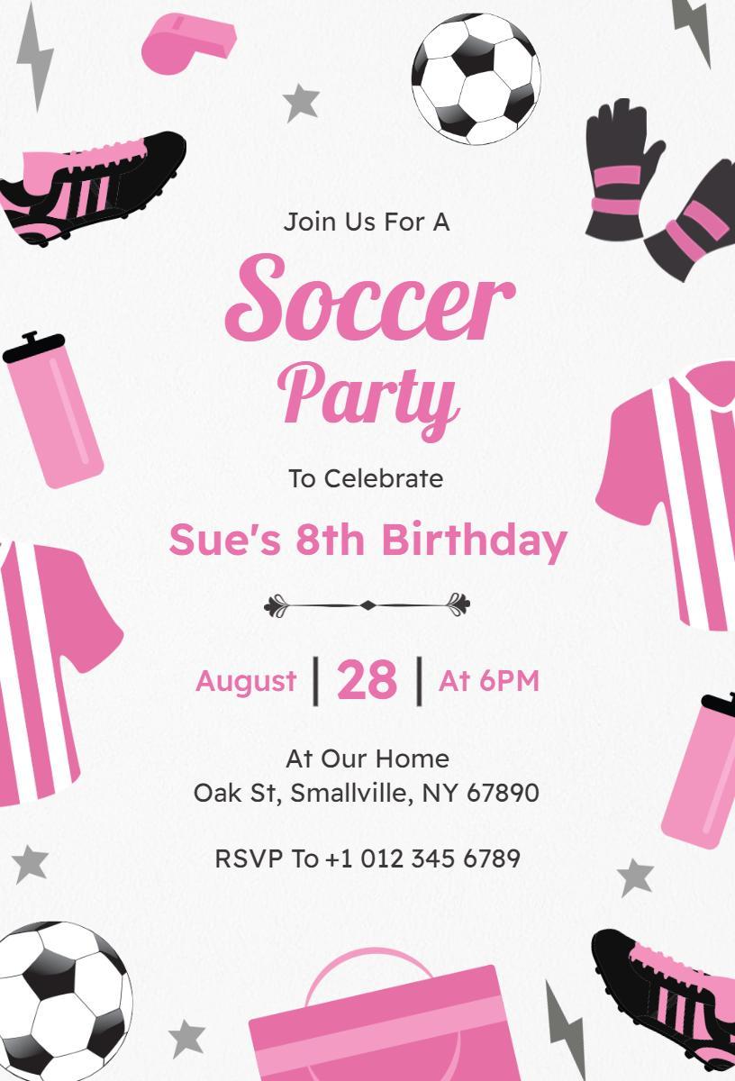 Playful Pink Soccer Theme Birthday Celebration Invitation Template