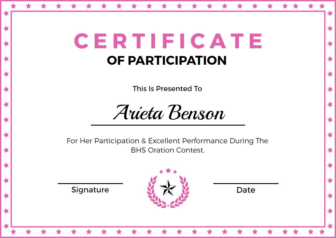 Playful Pink Star-Themed Participation Award Certificate Template