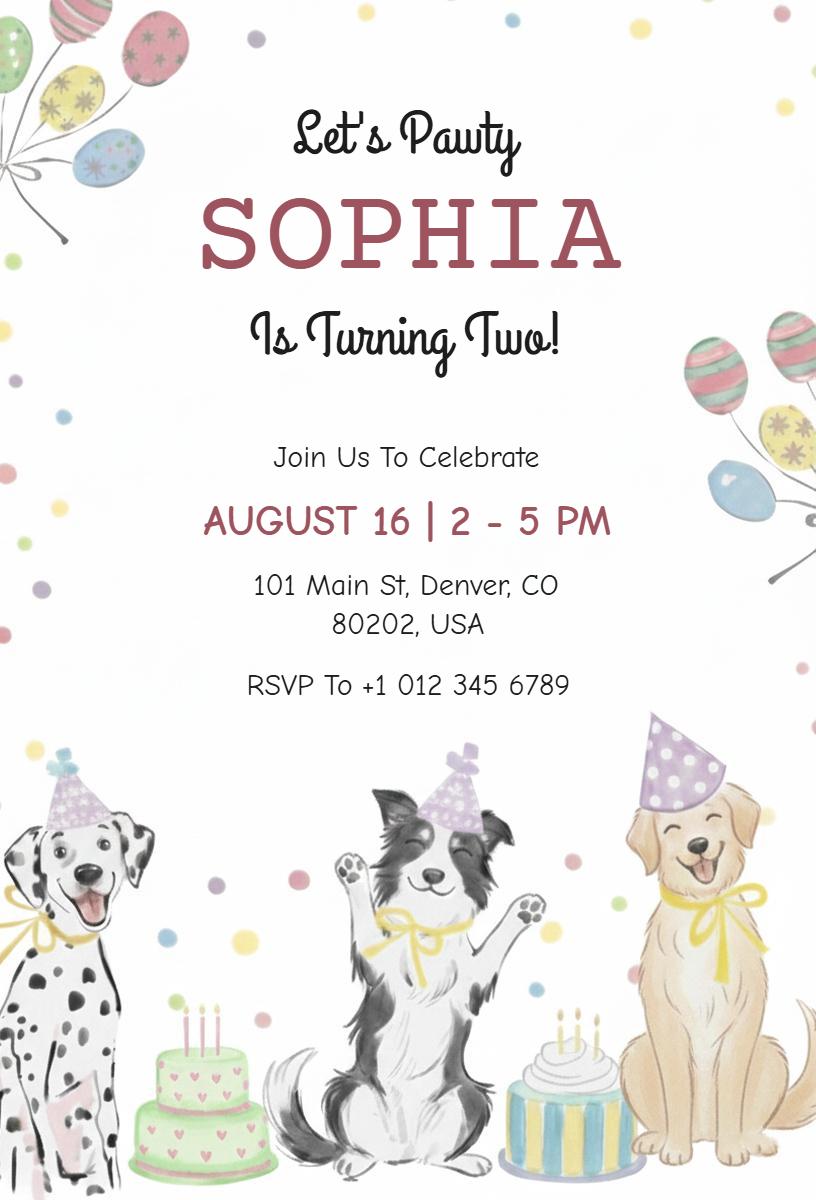 Playful Pooch Two-Year Birthday Party Invitation Template