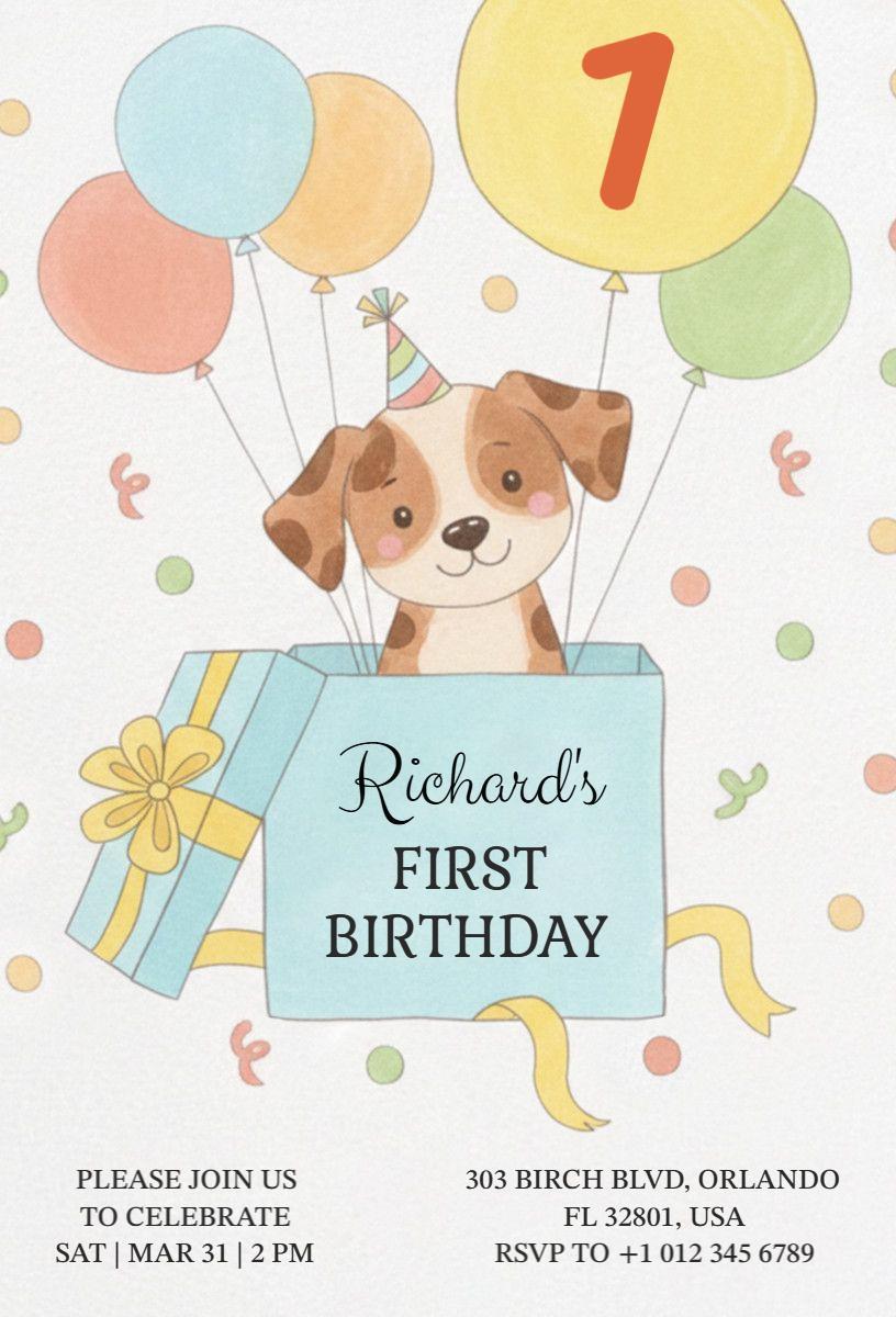Playful Puppy Balloon Theme 1st Birthday Invitation Template