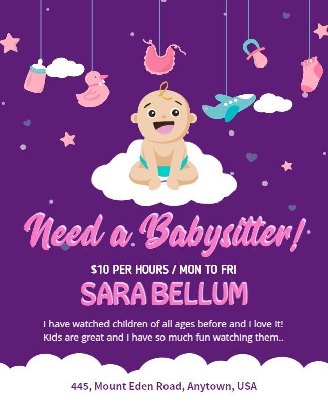 Playful Purple Babysitting Service Advertisement Poster Template