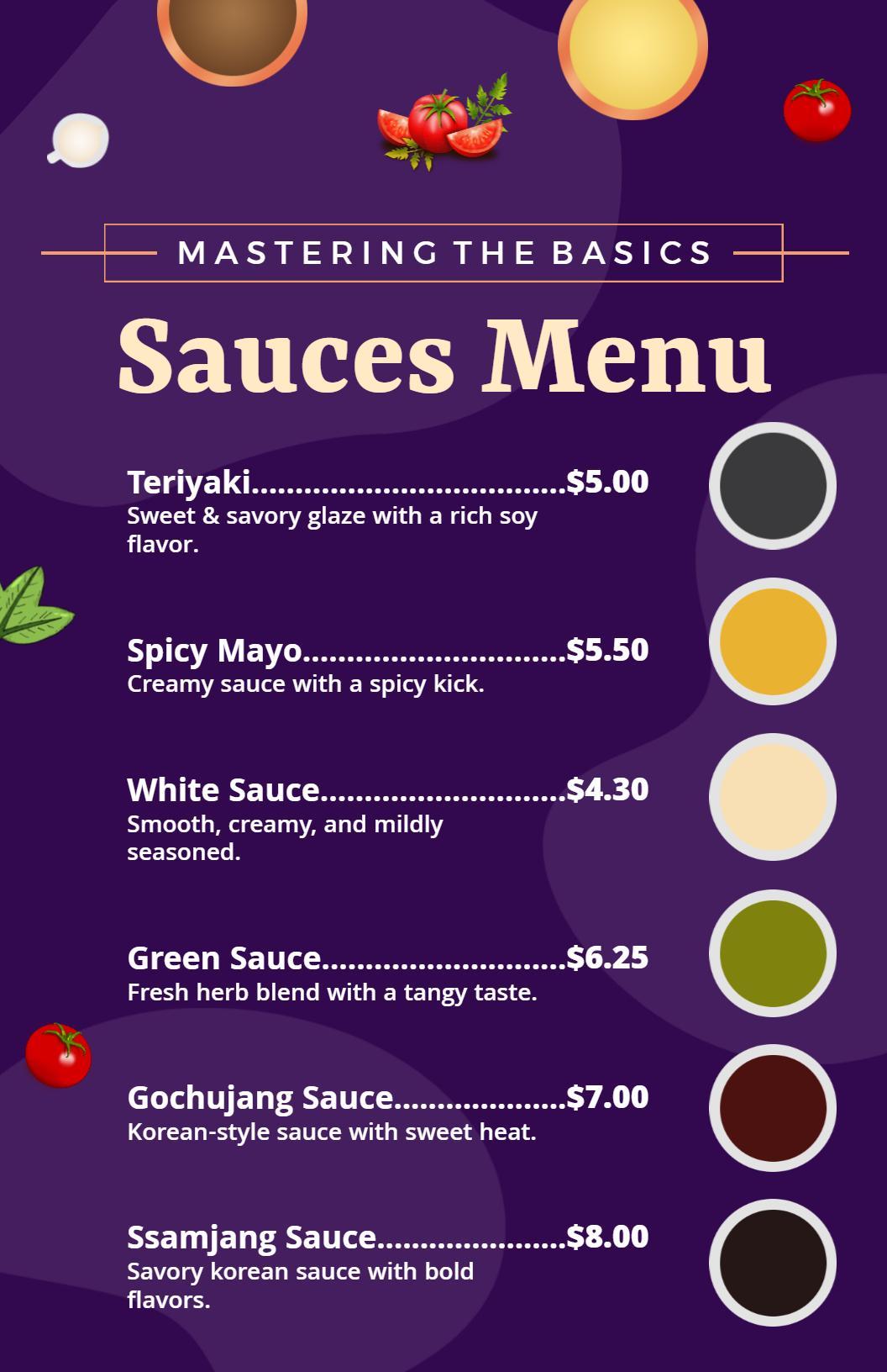 Playful Purple Background for Creative Sauces Menu Template