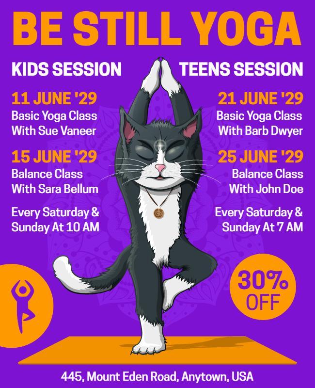 Playful Purple Cat Yoga Class Schedule Poster Template