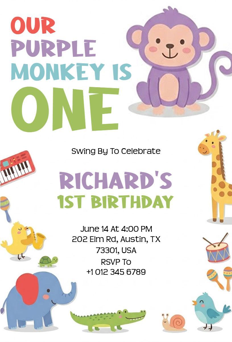 Playful Purple Monkey Theme 1st Birthday Invitation Template