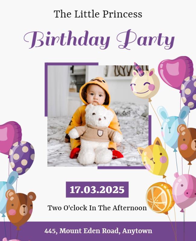 Playful Purple Princess Birthday Party Poster Template