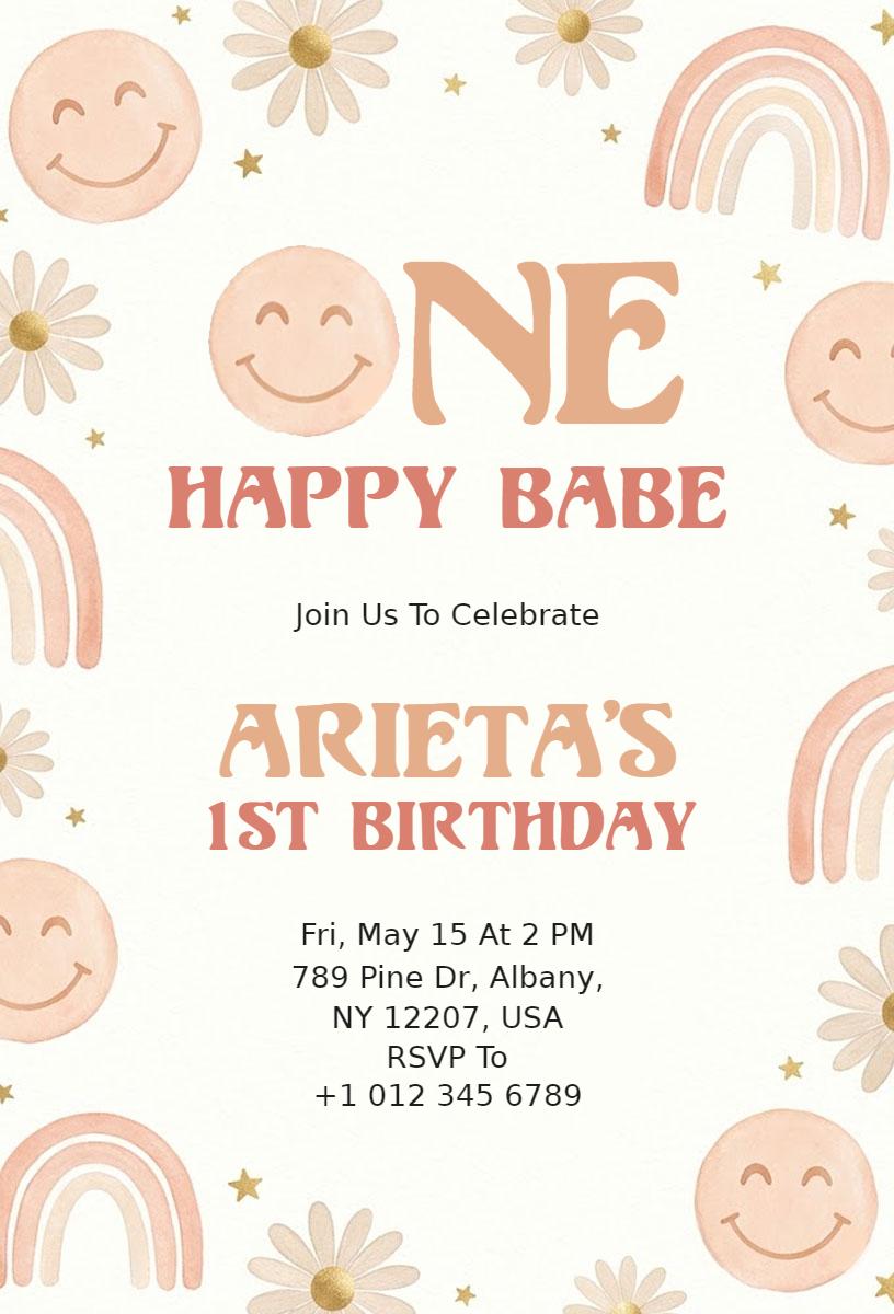 Playful Rainbow Smiley Theme 1st Birthday Invitation Template