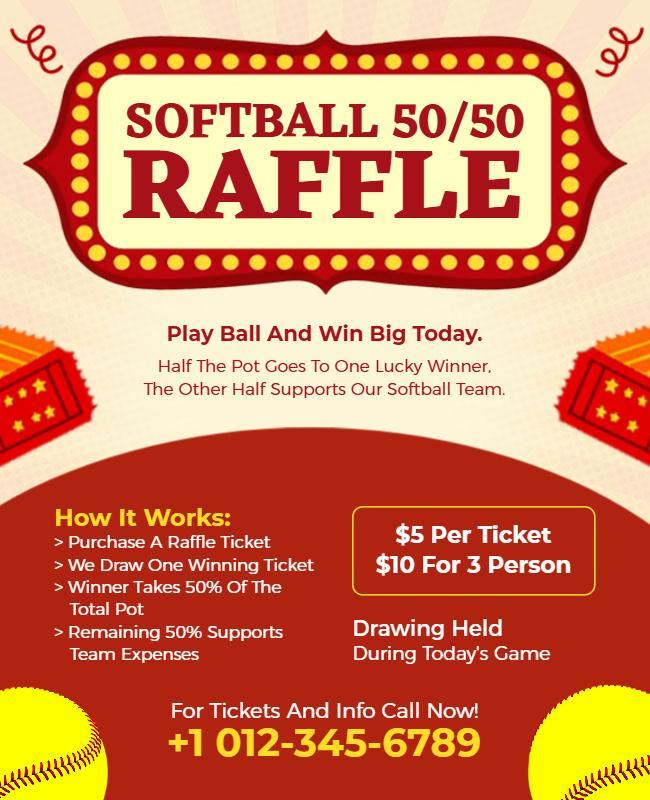 Playful Red and Yellow Softball 50/50 Raffle Event Flyer Template