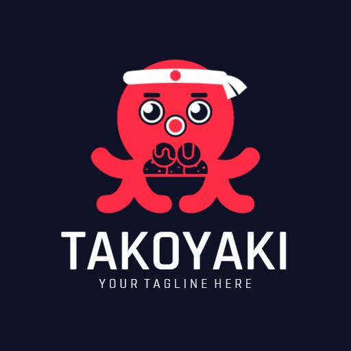 Playful Red Octopus Character Displaying Takoyaki Logo Template