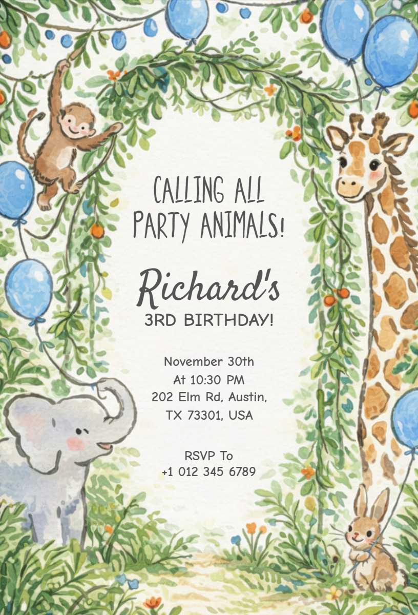 Playful Safari Animal Adventure Birthday Invitation Template