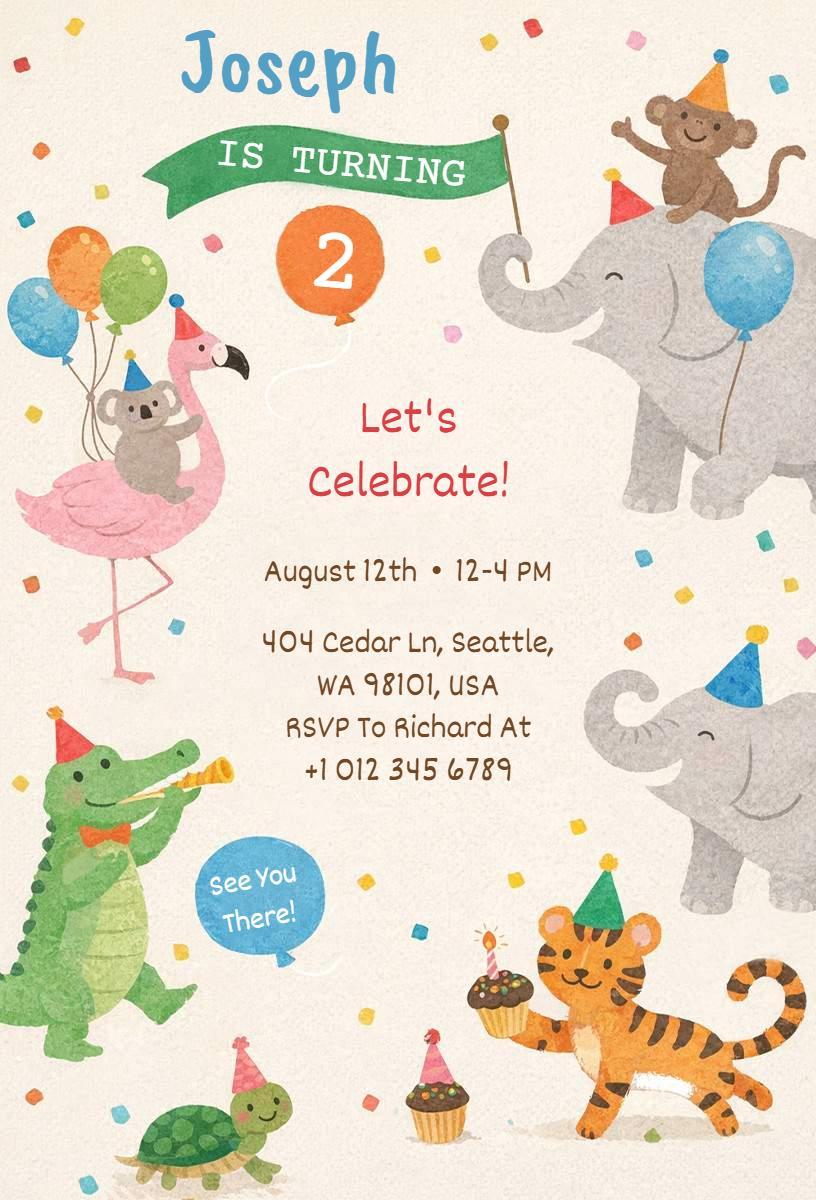 Playful Safari Jungle Animal Birthday Celebration Invitation Template