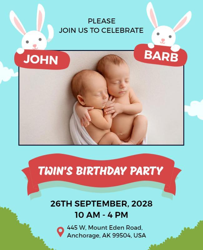 Playful Spring Twin Birthday Party Celebration Poster Template
