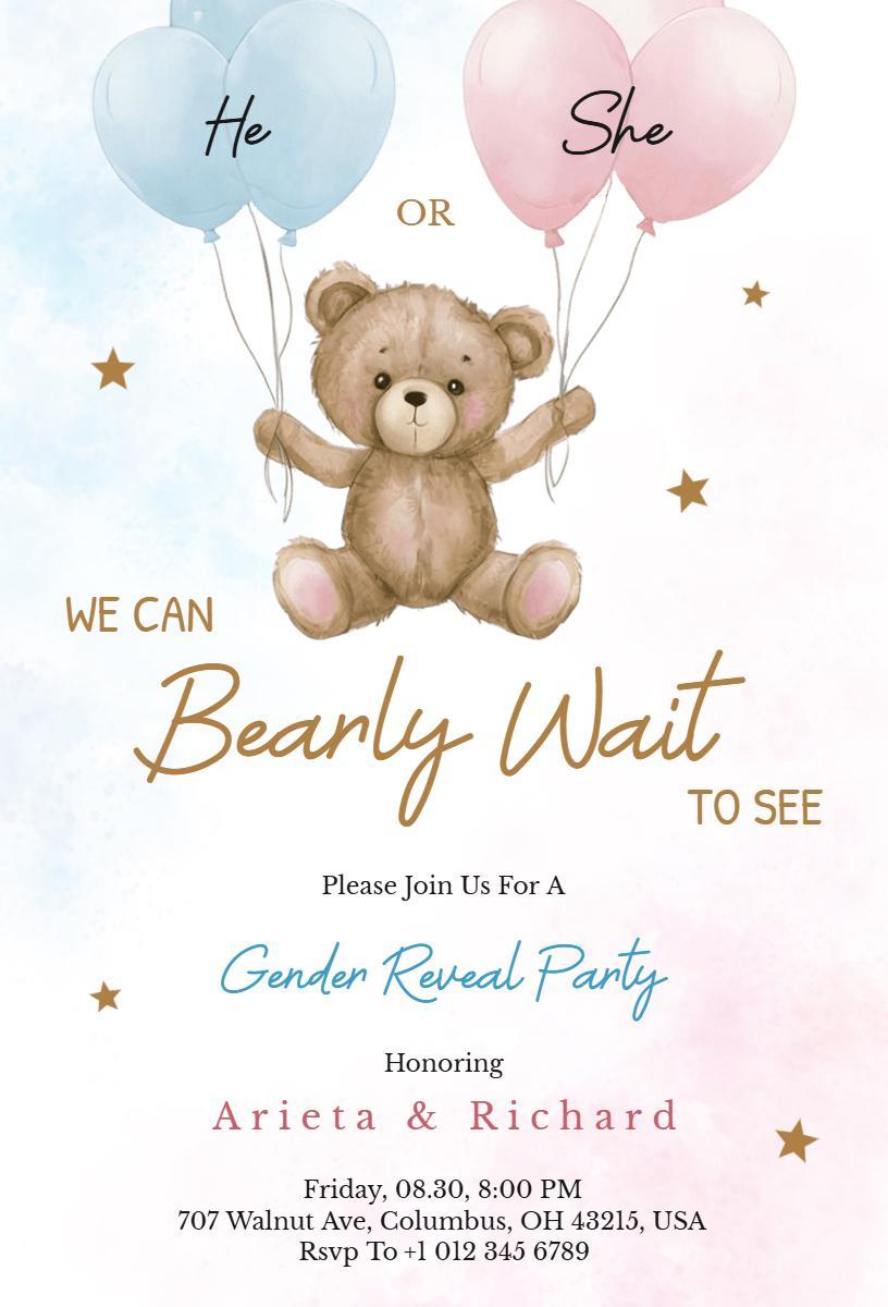 Playful Teddy Bear Gender Reveal Party Invitation Template