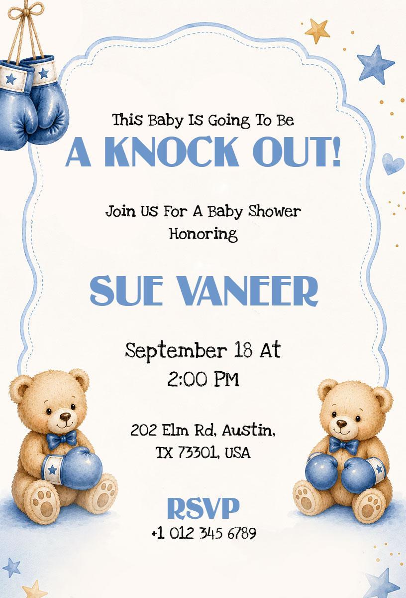 Playful Teddy Bear Knockout Baby Shower Invitation Template
